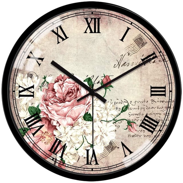 Glass Flowers Wall Clock Silent Non Ticking Wall Clocks Vintage Roman Numerals Glass Decorative Round Wall Clock 12 Inch
