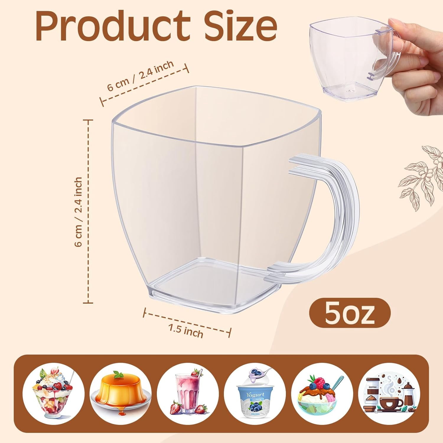50 Pcs 5 oz Disposable Tea Cups Bulk Mini Plastic Tea Cup Bulk with Handle Hard Coffee Mug Reusable Square Espresso Mugs for Party Wedding (Clear)