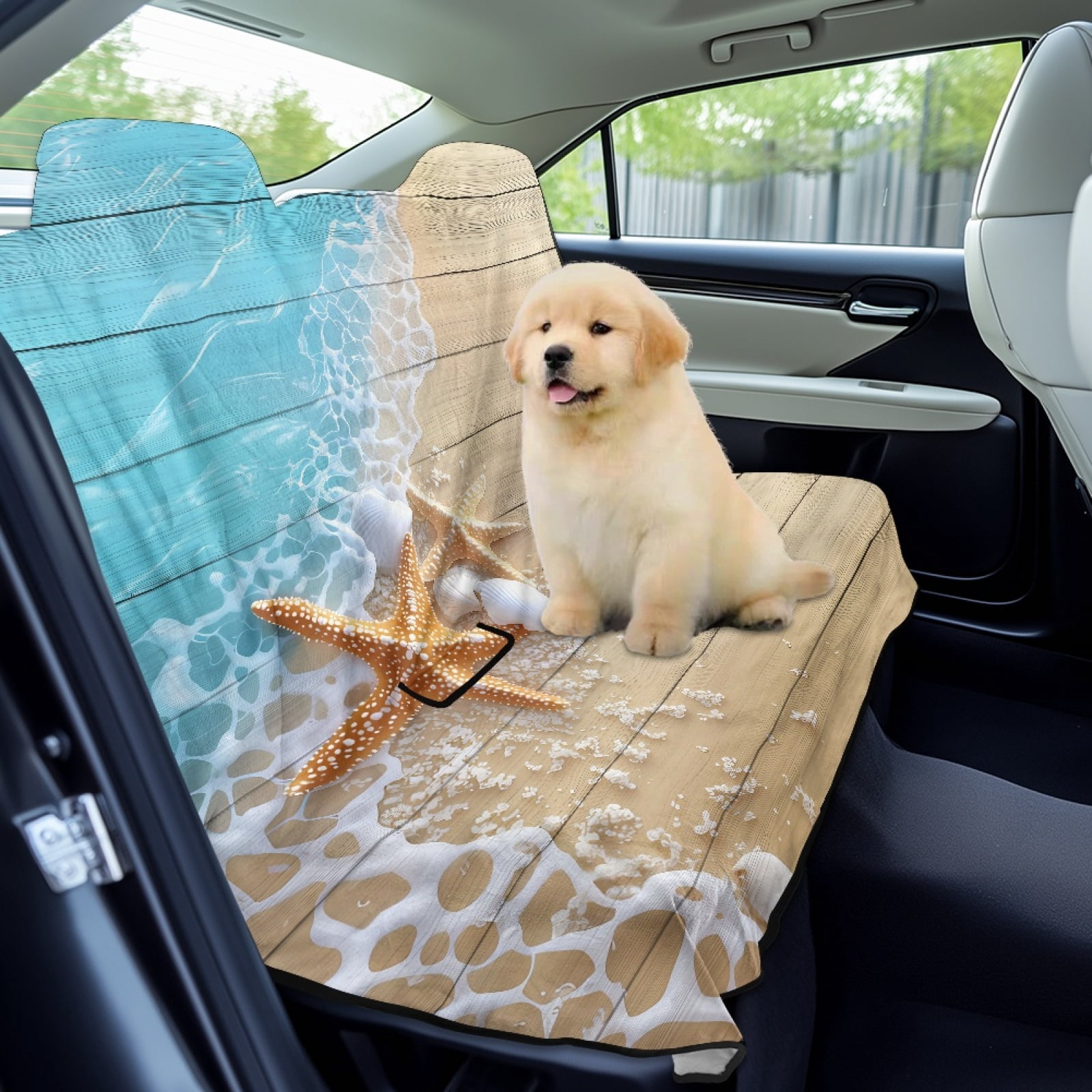 Xoenoiee Beach Starfish Seashell Wood Print Back Seat Cover Waterpoof Rear Bench Towel Seat Cover for Gym Swimming Surfing Running, Non-Slip Rear Seat Protector Universal Fits Auto Truck Van SUV
