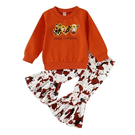 

baby girl clothes Long Sleeve Cartoon Cow Printed T Shirt Pullover Tops Bell Bottoms Pants Kids Outfits