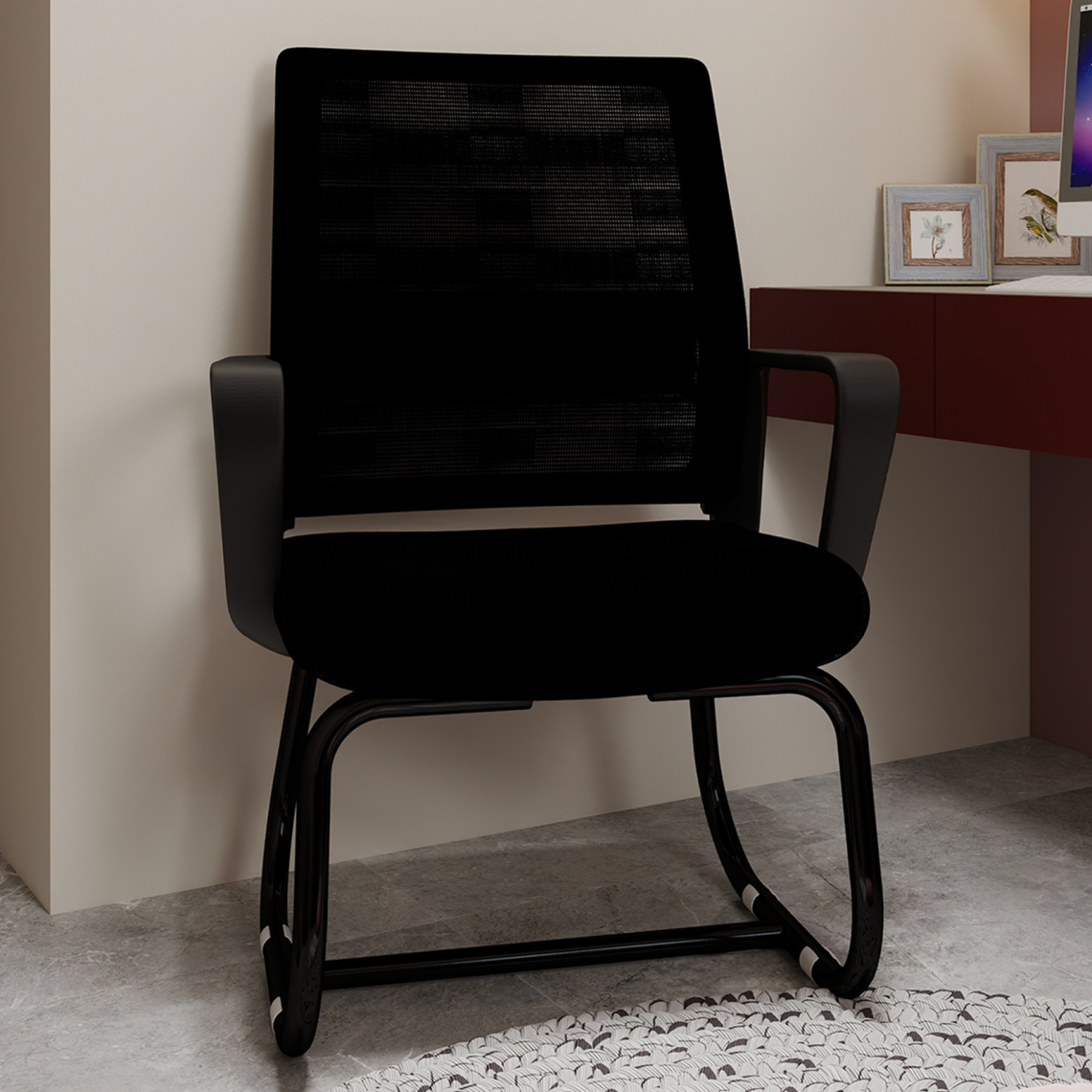 Modern Office Chair No Wheels, Ergonomic Study Chair with Handrail and Steel Legs, Comfy Home Office Desk Chairs with Ultra Thick Cushion, Black