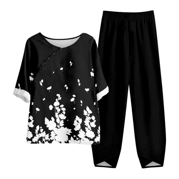 WTOBBY Women's Summer Fashion Two Piece Set Half Sleeve Printed Tops with Elastic Waist Nine Piece Pants Outfit Casual and Comfortable for Daily Wear ,Black L