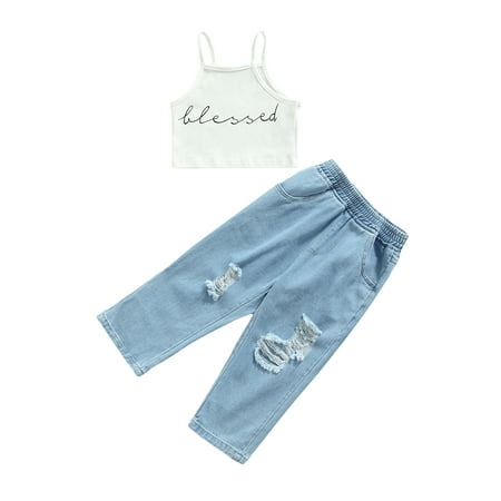 

wybzd Toddler Girls Solid Coor Letter Print Sleeveless Sling Vest Tank Tops Jeans 2 Pcs Set 2-7 Years