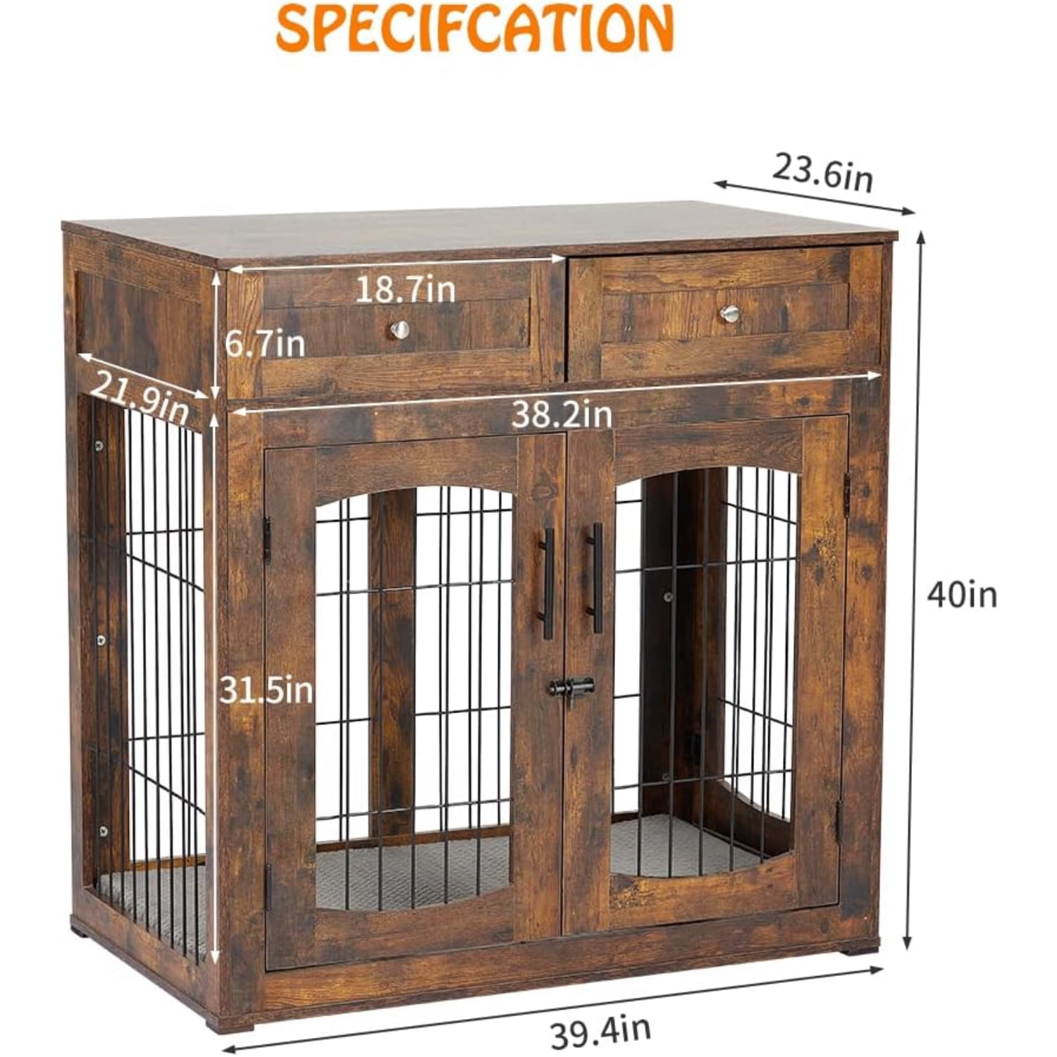 Emorefun Wooden Dog Crate Furniture, 40" Heavy Duty Dog Kennel with Cushion & Drawers for Indoor, Rustic Brown