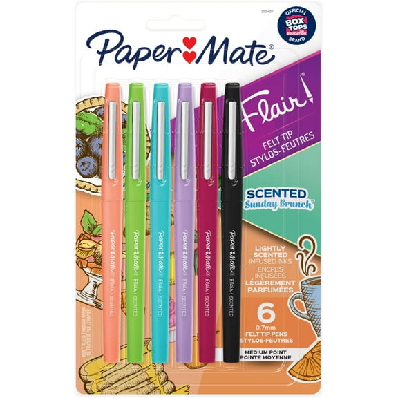 Paper Mate Flair Scented Felt Tip Pens, Assorted Sunday Brunch Scents and Colors, 0.7mm, 6 Count