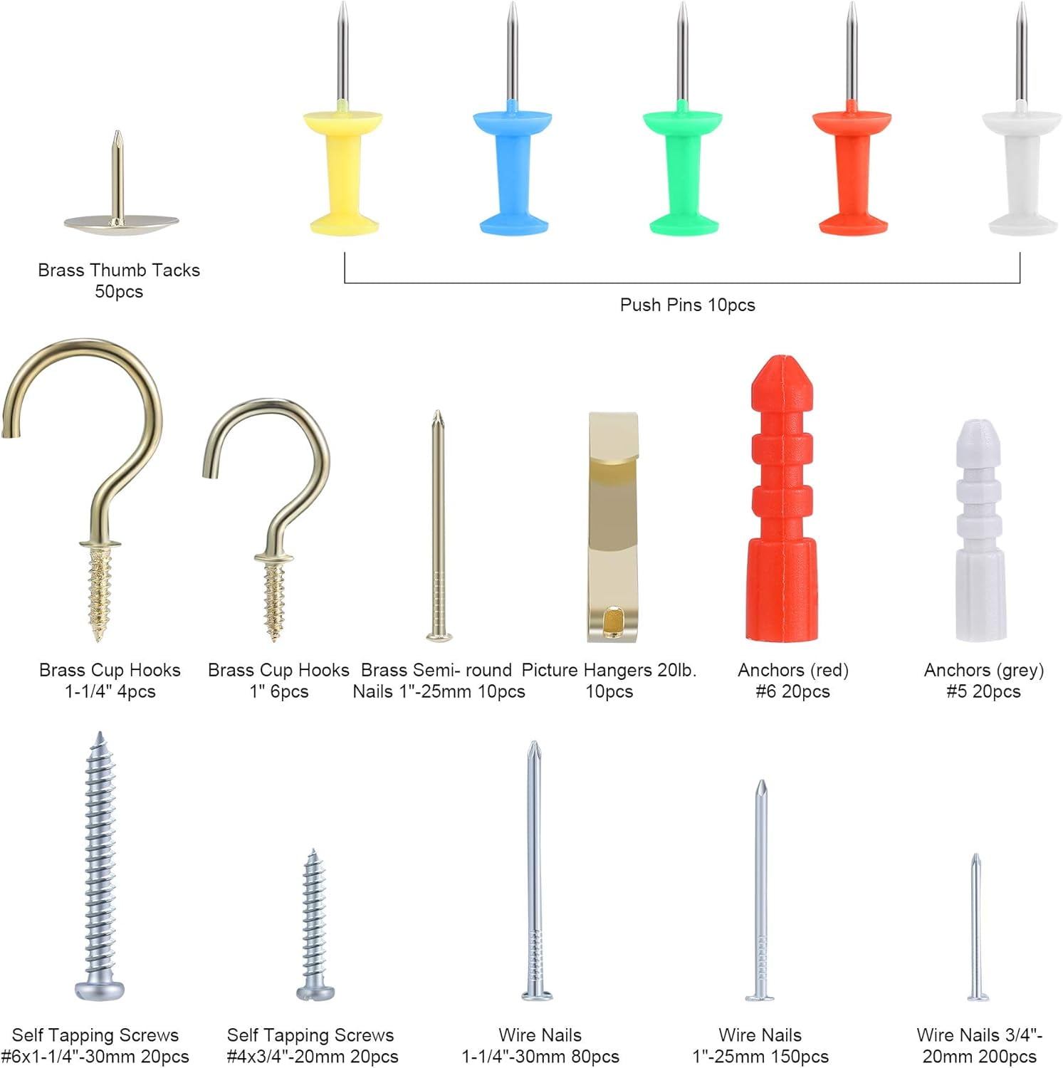 Repair and Wall Hanging Kit: Screws, Nails, Drywall Anchors, Picture Hangers, Cup Hooks, Push Pins, Thumb Tacks, 600pcs