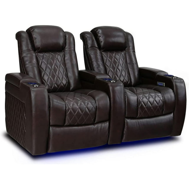 Valencia Tuscany Home Theater Seating|Premium Top Grain Italian 11000 Nappa Leather, Motorized Recliner, Power Lumbar Support, Power Headrest, LED Lighting (Row of 2, Dark Chocolate)