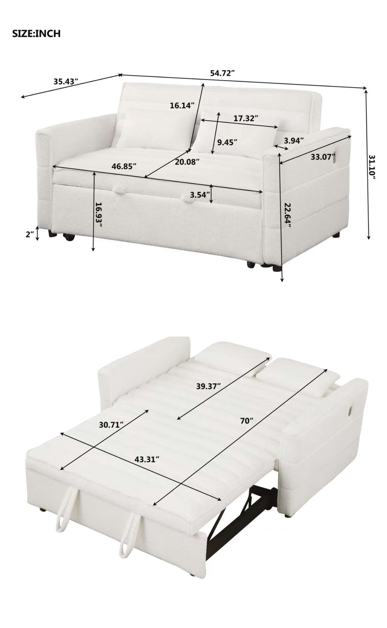 55" Convertible Sleeper Sofa Bed,Modern Boucle 3 in 1 Sleeper Sofa Couch Bed with 2 Pillows and Adjustable Backrest,2-Sater Sofa for Living Room, Bedroom,Beige