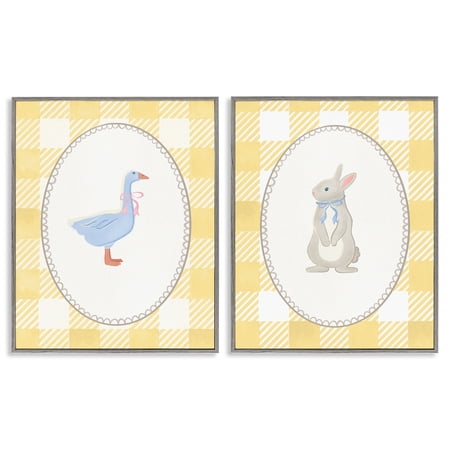 Stupell Industries Goose & Bunny Yellow Gingham 2 Piece Gray Framed Giclee Art Set design by The Paper Curator