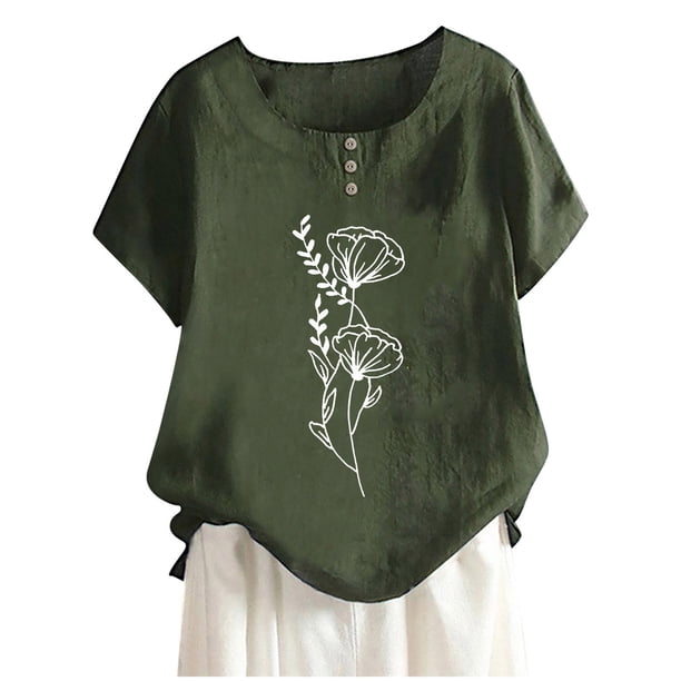Camisas de Manga Corta para las Mujeres, Blusa de Botón de Impresión Casual con Cuello Redondo Hecha de Tela Suave Transpirable para Verano Primavera, Blusas de Manga Corta para las Mujeres