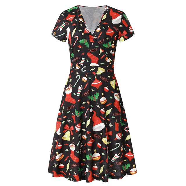 Pompotops Robe d'Été à Manches Courtes Col en V Vintage Cadeau de Noël à Carreaux pour Femmes