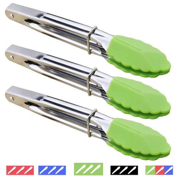 Small Tongs with Silicone Tips 7-Inch Mini Serving Tongs, Set of 3 (Green)