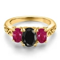 thumbnail image 3 of Gem Stone King 18K Yellow Gold Plated Silver Black Sapphire and Red Ruby Filigree Style 3 Stone Ring for Women (2.86 Cttw, Oval 8X6MM and 6X4MM) (Size 8), 3 of 6