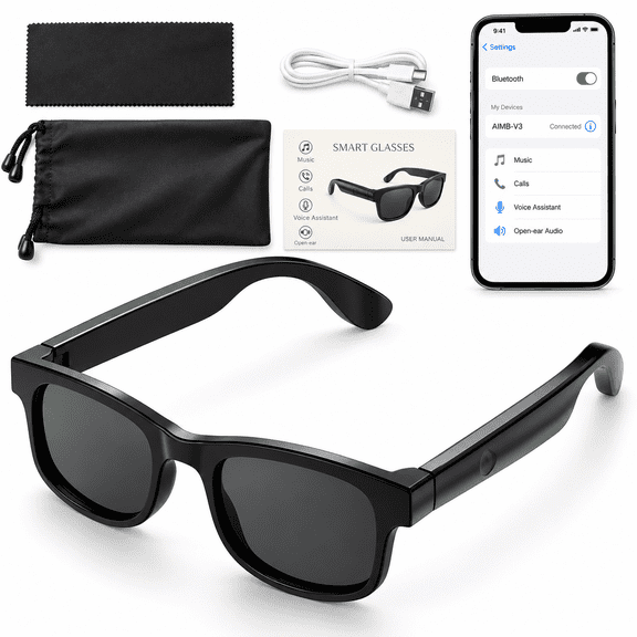 Bluetooth Smart Glasses with Open-Ear Speakers, UV400 Polarized Audio Sunglasses with Built-In Mic, Voice Assistant and Type-C Charging for Calls, Music, Driving and Outdoor Use