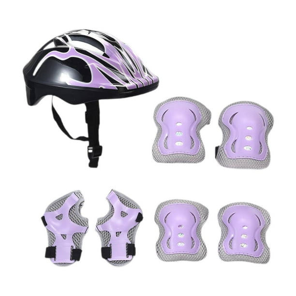 Casco de bicicleta para niños con coderas, casco de bicicleta ligero con muñequeras para patinaje en línea, patinaje sobre ruedas, deportes al aire Púrpura claro