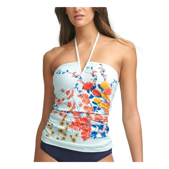 CALVIN KLEIN Women's Light Blue Floral Stretch Ruched Removable Cups Lined V-Wire Tie Halter Tankini Swimsuit Top XL