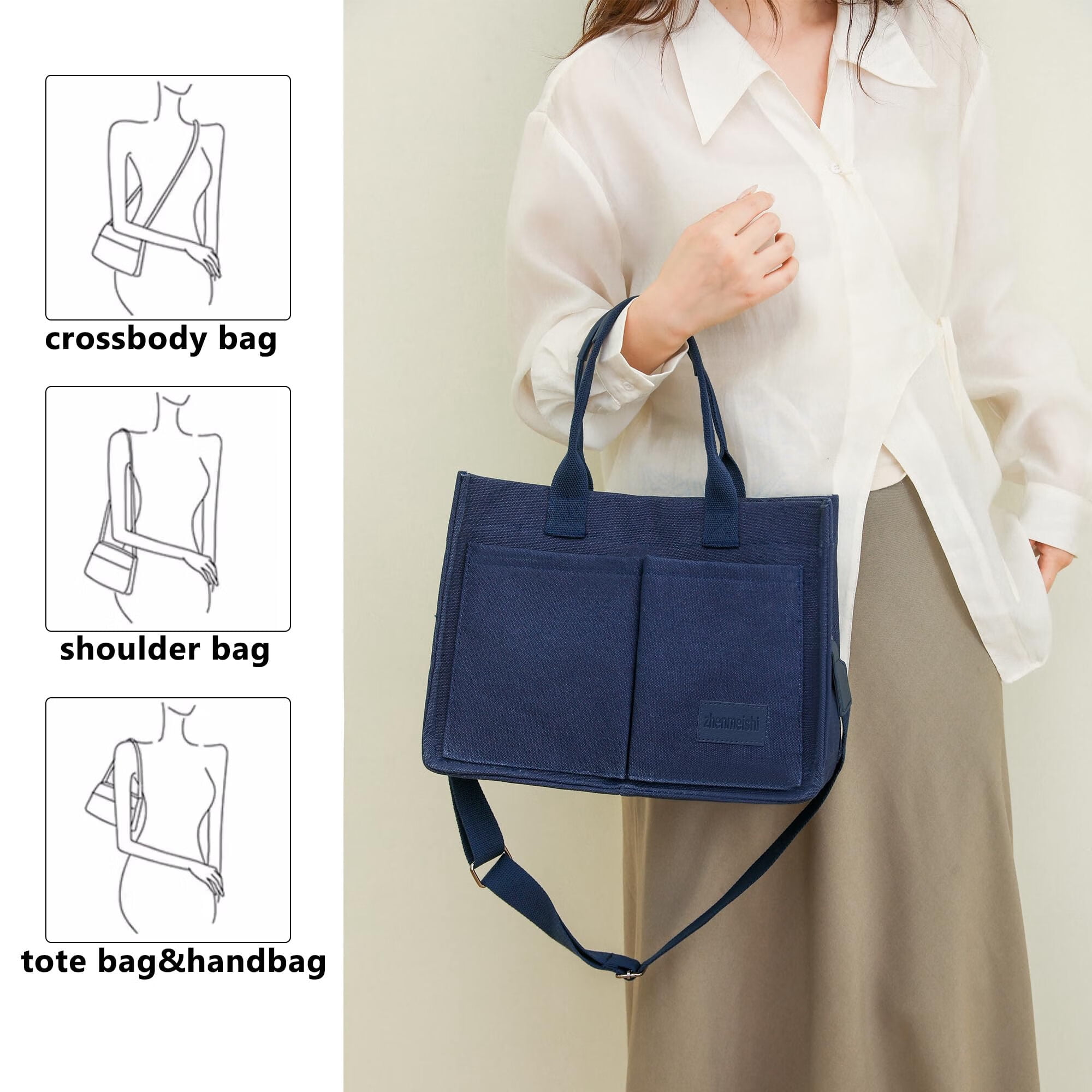 AOUNQ Canvas Tote Bag for Women Trendy Purse and Handbags Work Tote Bags with Pockets Crossbody Satchel Bag,Blue