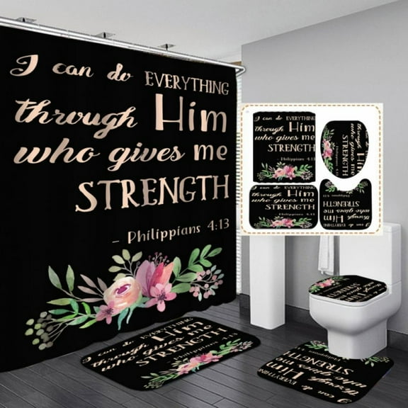 Black Shower Curtain Set 4PCS Floral Bathroom Set 3D Print Bathroom Shower Fashionable And Practical Curtain Sets with Rugs Toilet Lid Cover U Shape Rug Bathroom Mat