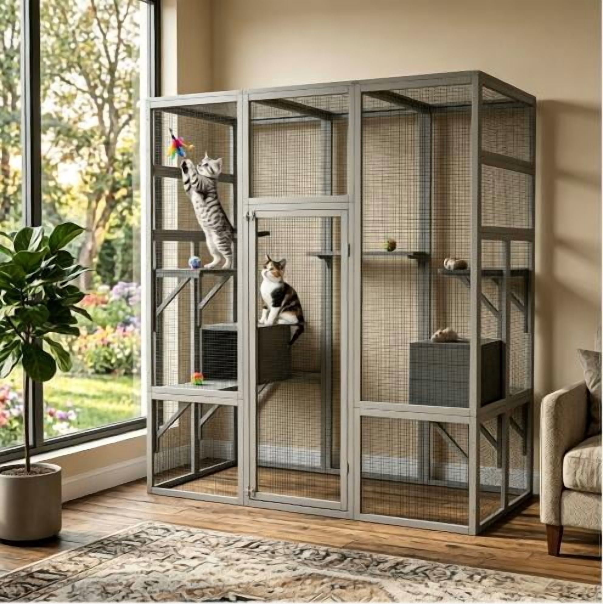 ZephyPaws 70in Outdoor Cat Catio Enclosures Large Wooden Cat House Patio for Indoor Cats Feral Cat Shelter with Espace Doors,2 Resting Rooms,5 Platforms,Gray