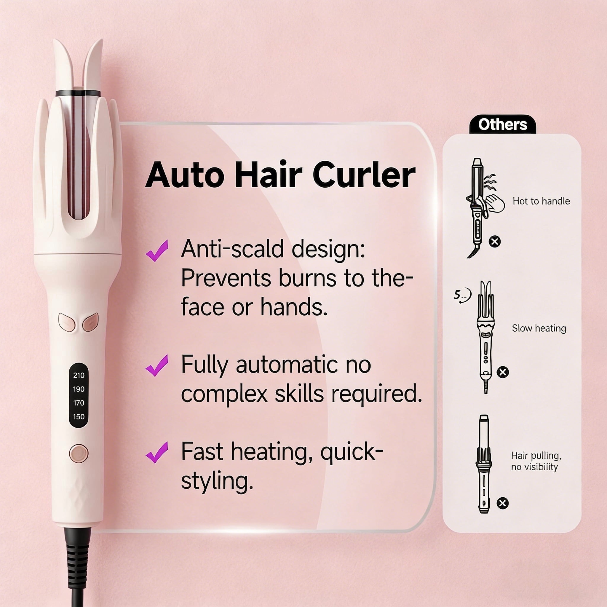 Moremore 1.10 in Automatic Curling Iron, Electric Curling Wand, Anti-Tangle Rotating Ceramic Hair Curler, Negative Ionic, Pink