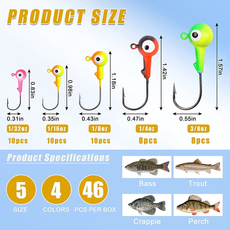 Fishing Jig Head Hooks Kit- 46pcs Crappie Fishing Jig Hooks for Soft Worm Baits Assorted Fishing Hooks for Freshwater Saltwater, Random Color Fishing Jig Head Hooks Kit- 46pcs Crappie Fishing Jig Hooks for Soft Worm Baits Assorted Fishing Hooks for Freshwater Saltwater, Random Color