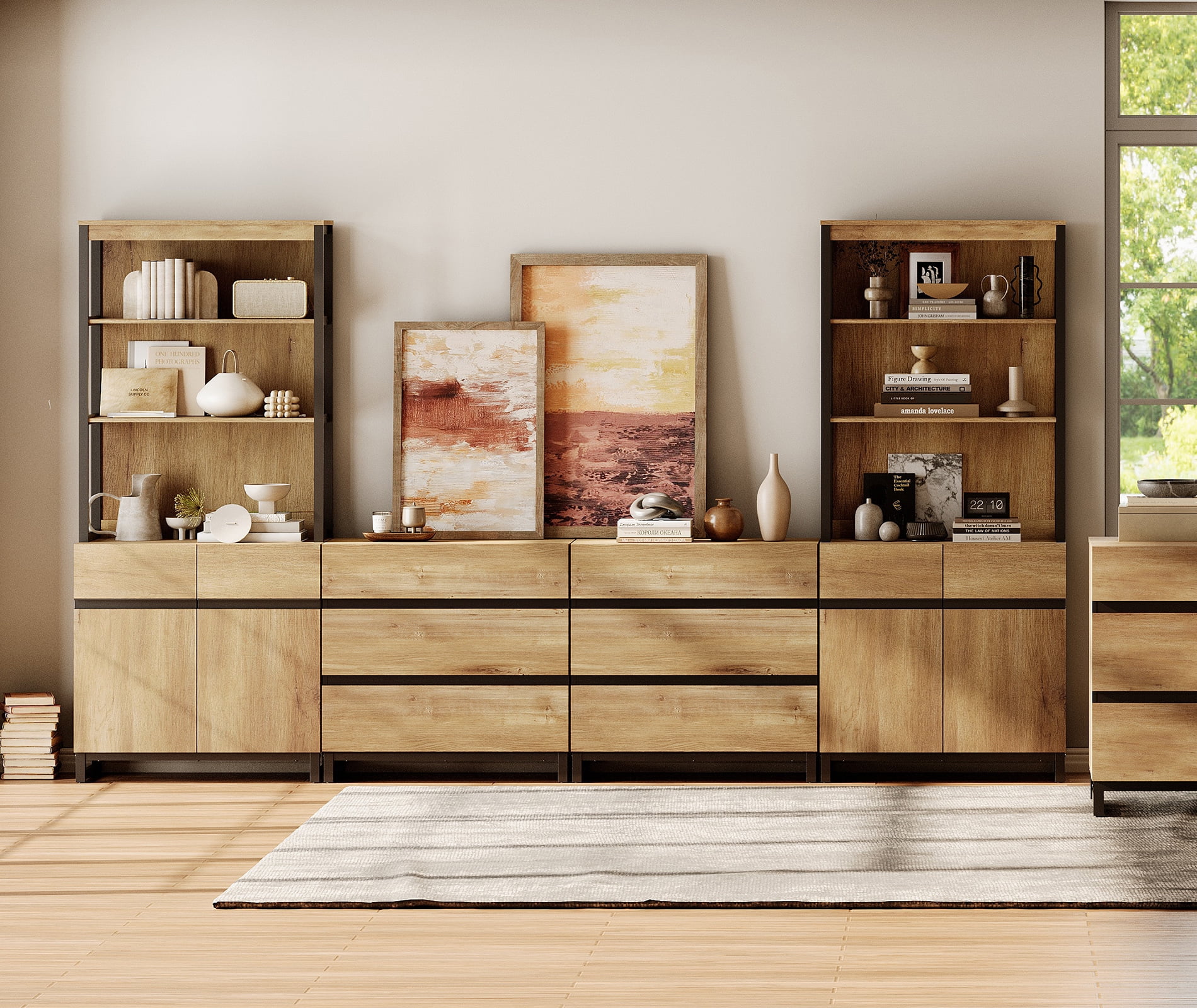 WAMPAT 4 PCS 72" Tall Modern Bookcase with 6 Drawers & Adjustable Shelves, Library Bookshelf with Storage Cabinet & Open Shelving, Freestanding Bookcases for Home Office, Living Room, Oak