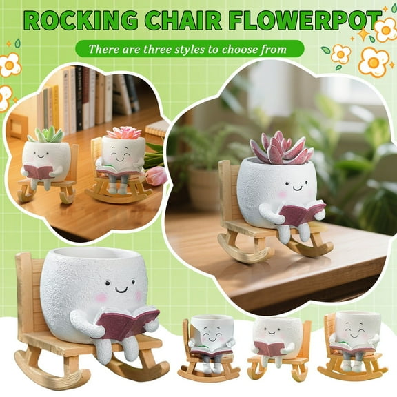 Ceramic Planter Pot with Cute Cartoon Character Reading Book, Decorative Succulent Plant Container for Home Office Desk, Unique Gift Idea, Rocking Chair Style Design
