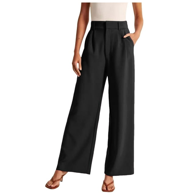 Women's Business Casual High Waist Wide Leg Trousers - Flowy Fabric, Button Closure, Functional Pockets, S-XXL