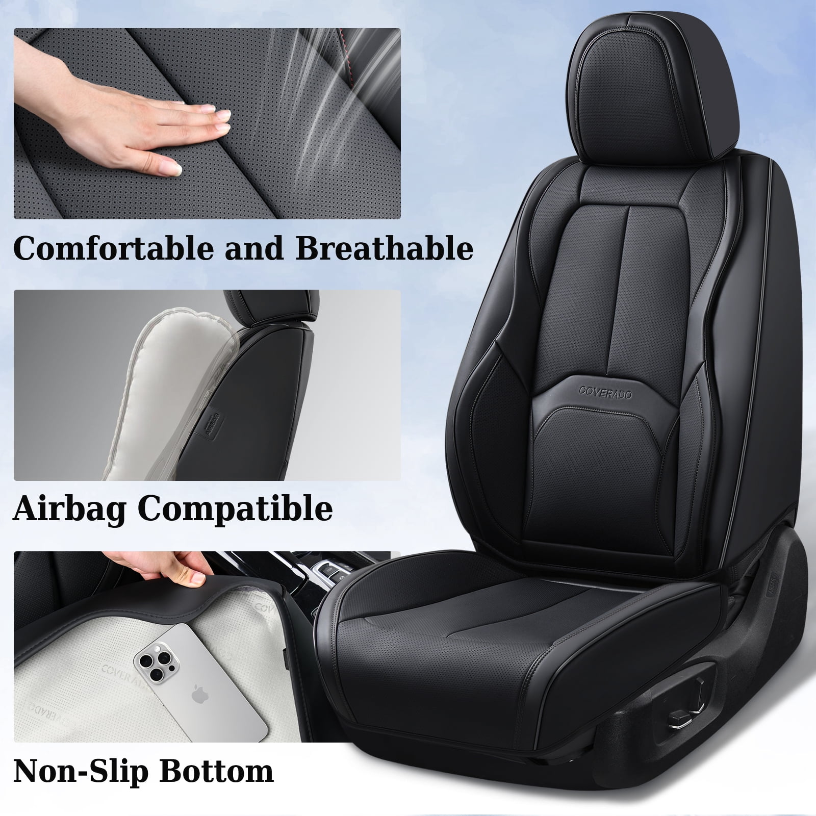 Coverado Car Seat Covers Full Set, Premium Leather Seat Protectors with Lumbar Support, Waterproof Auto Cushions Universal Fit for Most Cars, Black