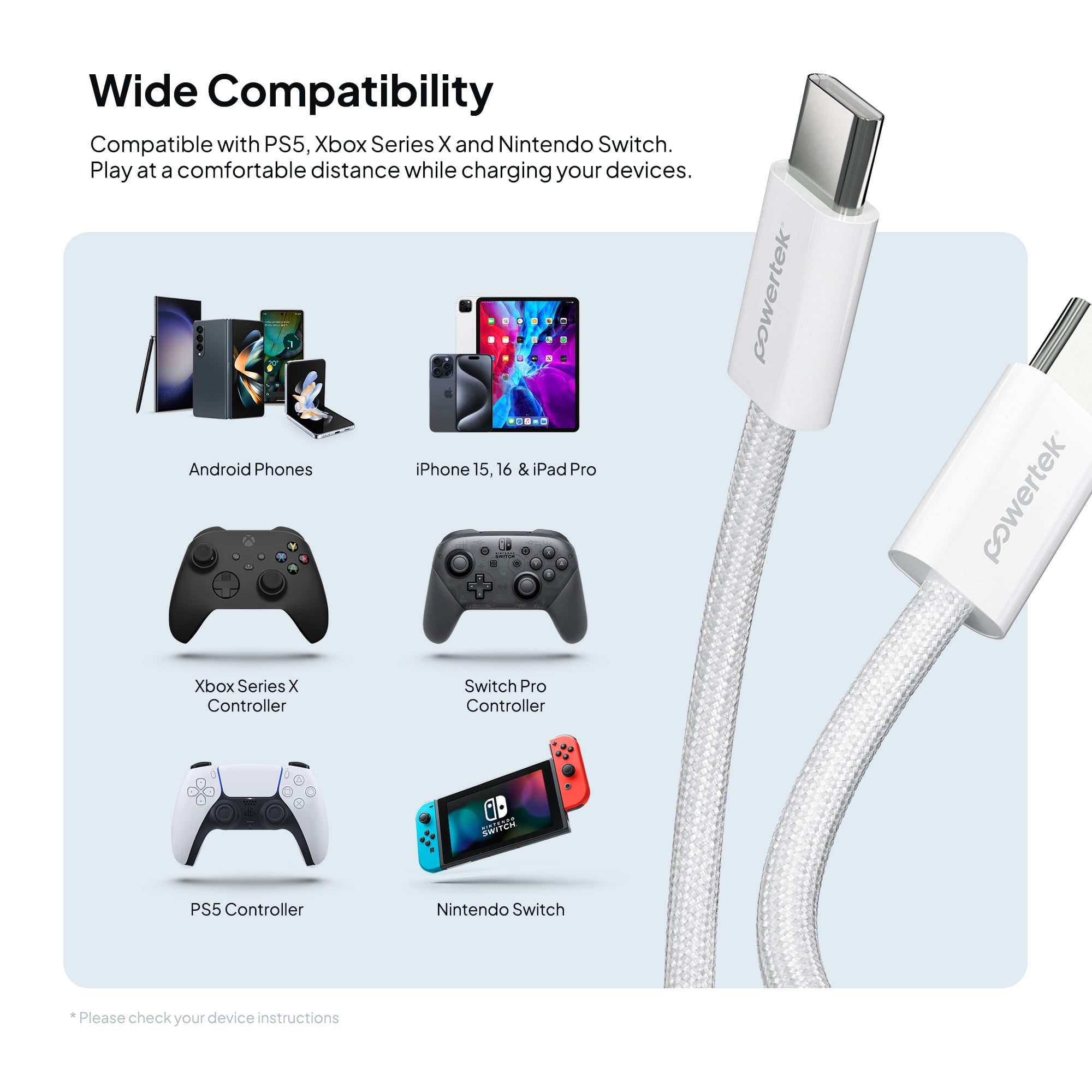 Liquipel Powertek Pastel Braided USB-C to USB-C - White