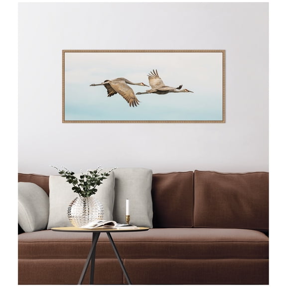 Kate and Laurel Framed Canvas Wall Art Print Cranes Flying Panel by Emiko and Mark Franzen F2 Images, 40 x 18 Sylvie Beaded Rustic Natural Frame, Modern Contemporary, Animal Art for Wall Decor