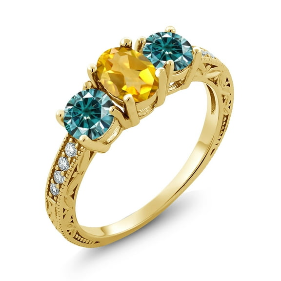 Gem Stone King 18K Yellow Gold Plated Silver Ring Citrine Blue Moissanite (1.87 Cttw) (Size 7)