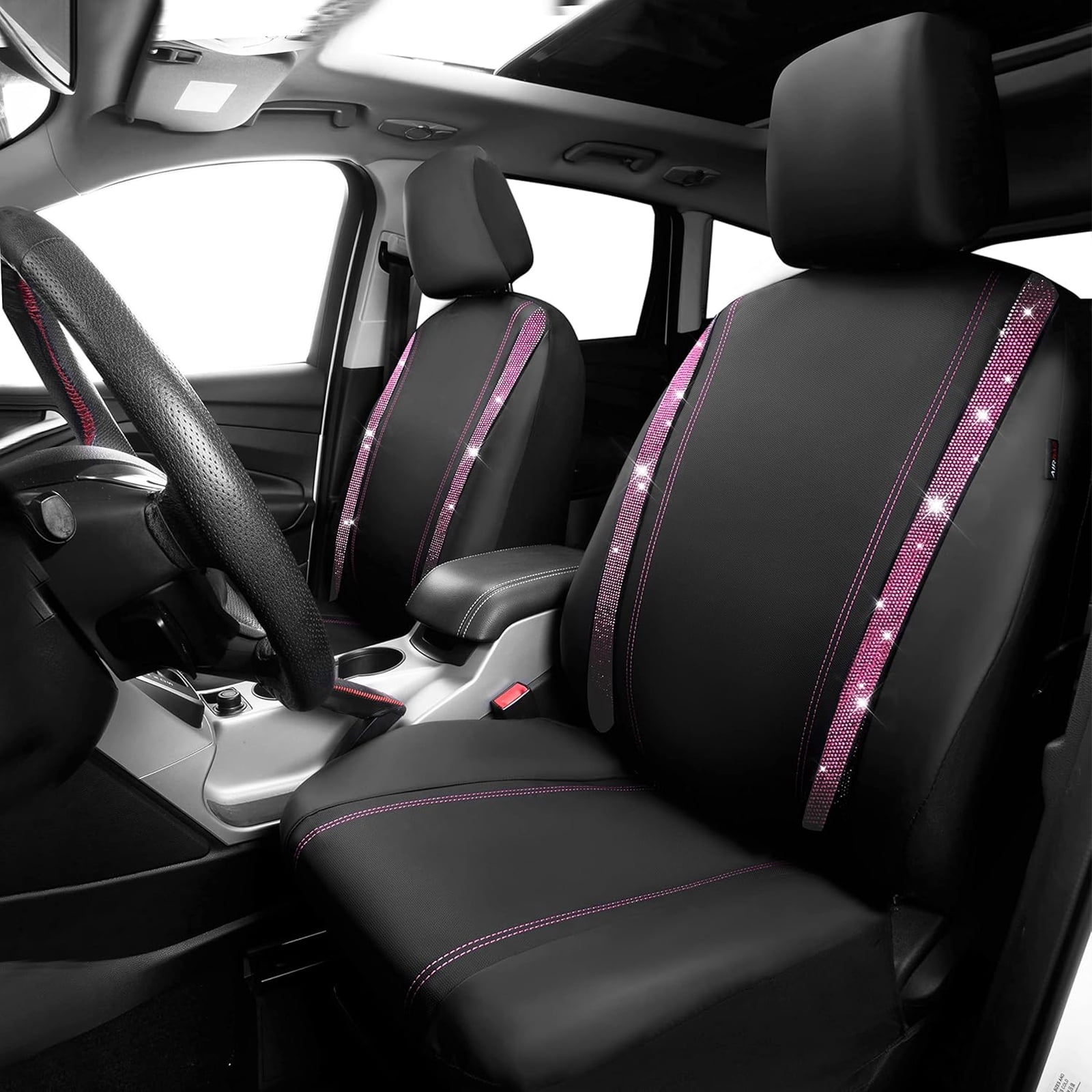 Car-Grand Bling diamond Rhinestone Leather car seat covers front pair shinning spark glitter crystal cute universal fit automotive glitter SUV truck sedan women girly Pink