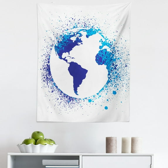 Abstract Tapestry, Globe with Ink Splatter Illustration Color Splashes All over World Map Continents, Fabric Wall Hanging Decor for Bedroom Living Room Dorm, 5 Sizes, Blue White, by Ambesonne