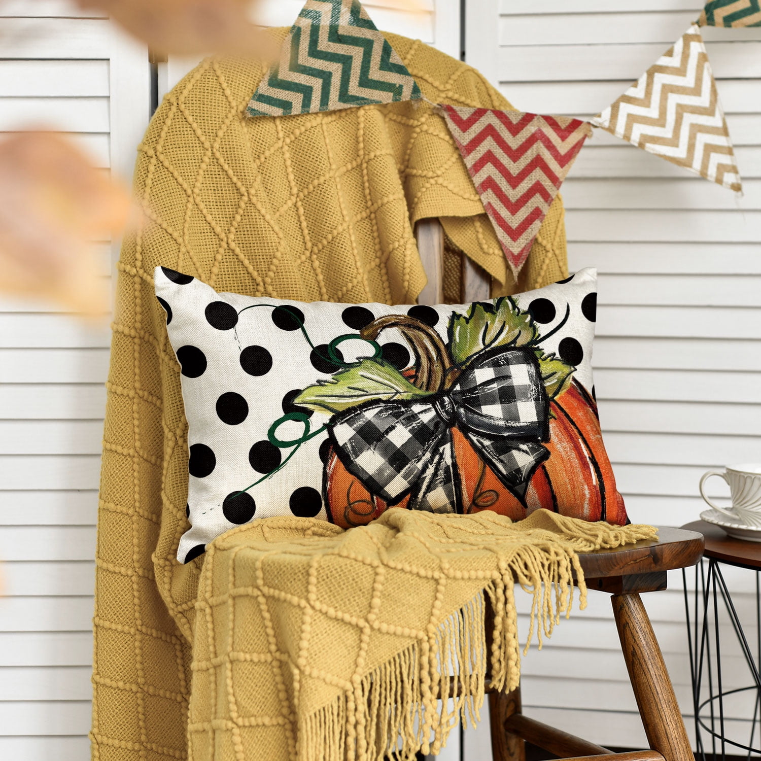 AVOIN Colorlife Fall Black And White Buffalo Plaid Check Pumpkin Thank