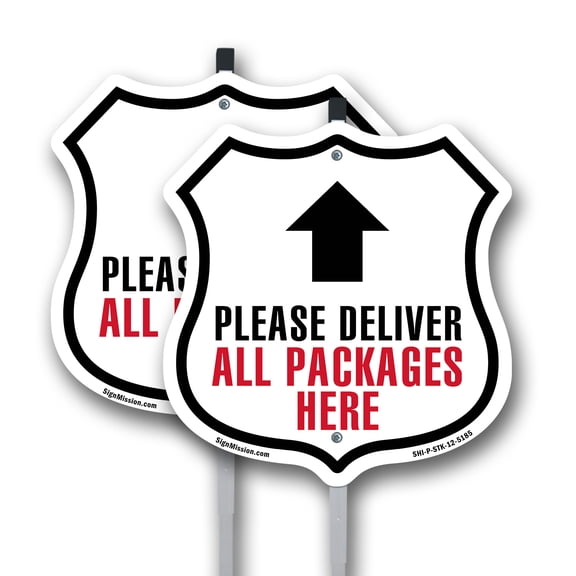 Please Deliver All Packages Here Up (2 Pack) 12 inch X 12 inch Shield Shaped Commercial Grade Plastic Signs with Aluminum Mounting Stakes Weather Resistant Made in the USA