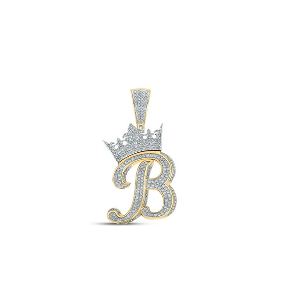10kt Two-tone Gold Mens Round Diamond Crown B Letter Charm Pendant 1-1/2 Cttw