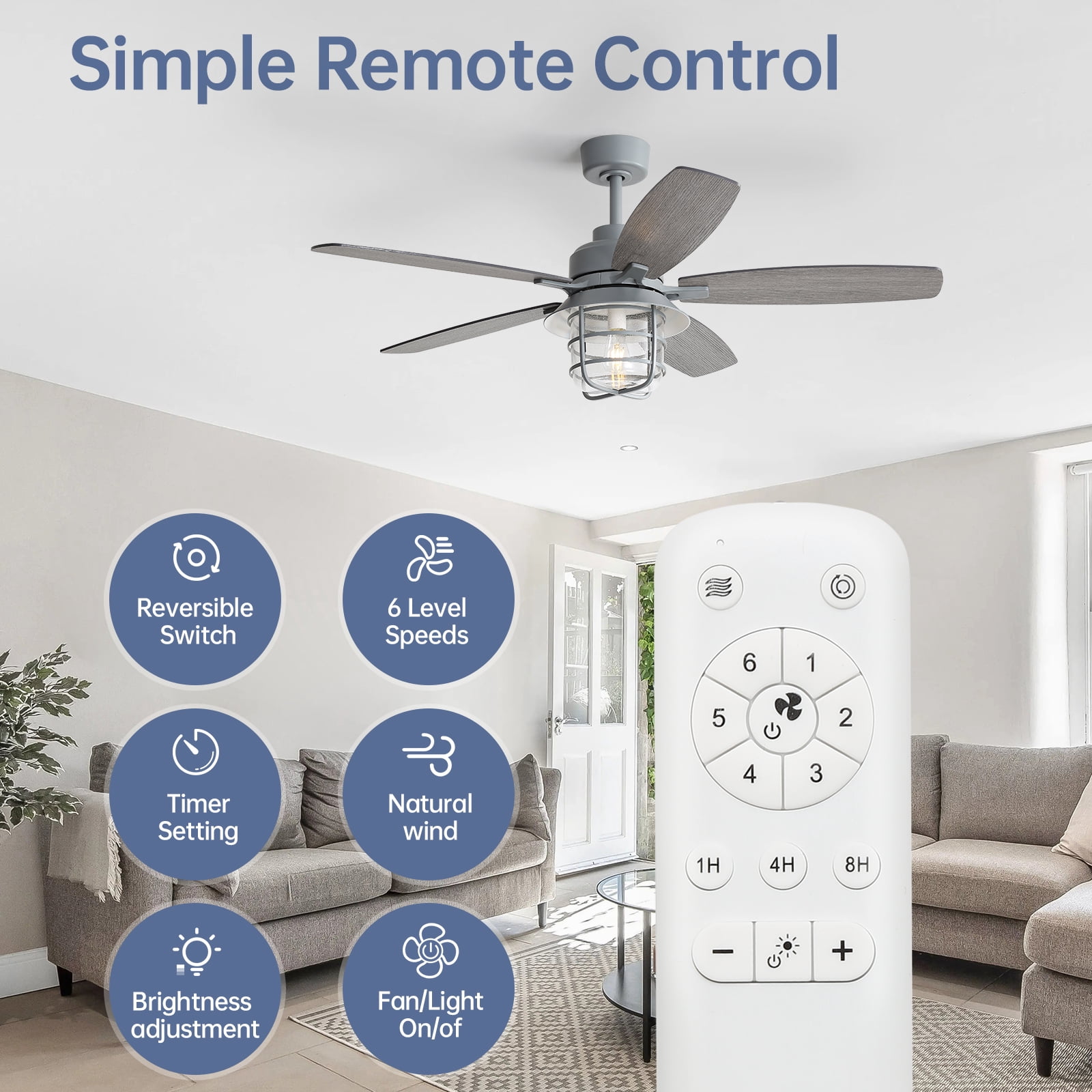Sofucor 52 inch Ceiling Fan with Light 5 Wood blads with 2 colors, Dimmable, Reversible, Quiet Motor