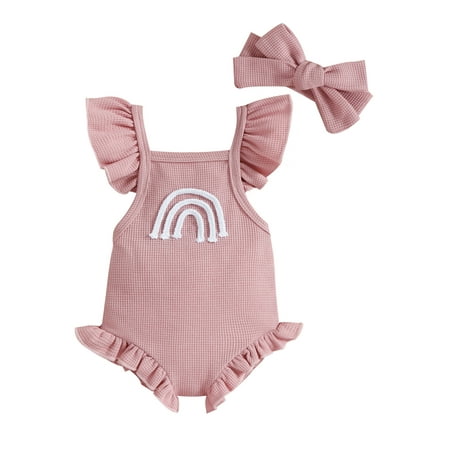 

Infant Baby Girls Romper Set Fly Sleeve Square Neck Rainbow Patchwork Romper with Bowknot Hairband