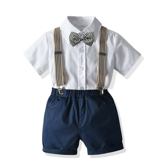 FRSASU Kids Clothing Boys Gentlemen's Clothing Summer Short Sleeve Top Bib Shorts Tie Four-piece Set Navy 8-9 Years