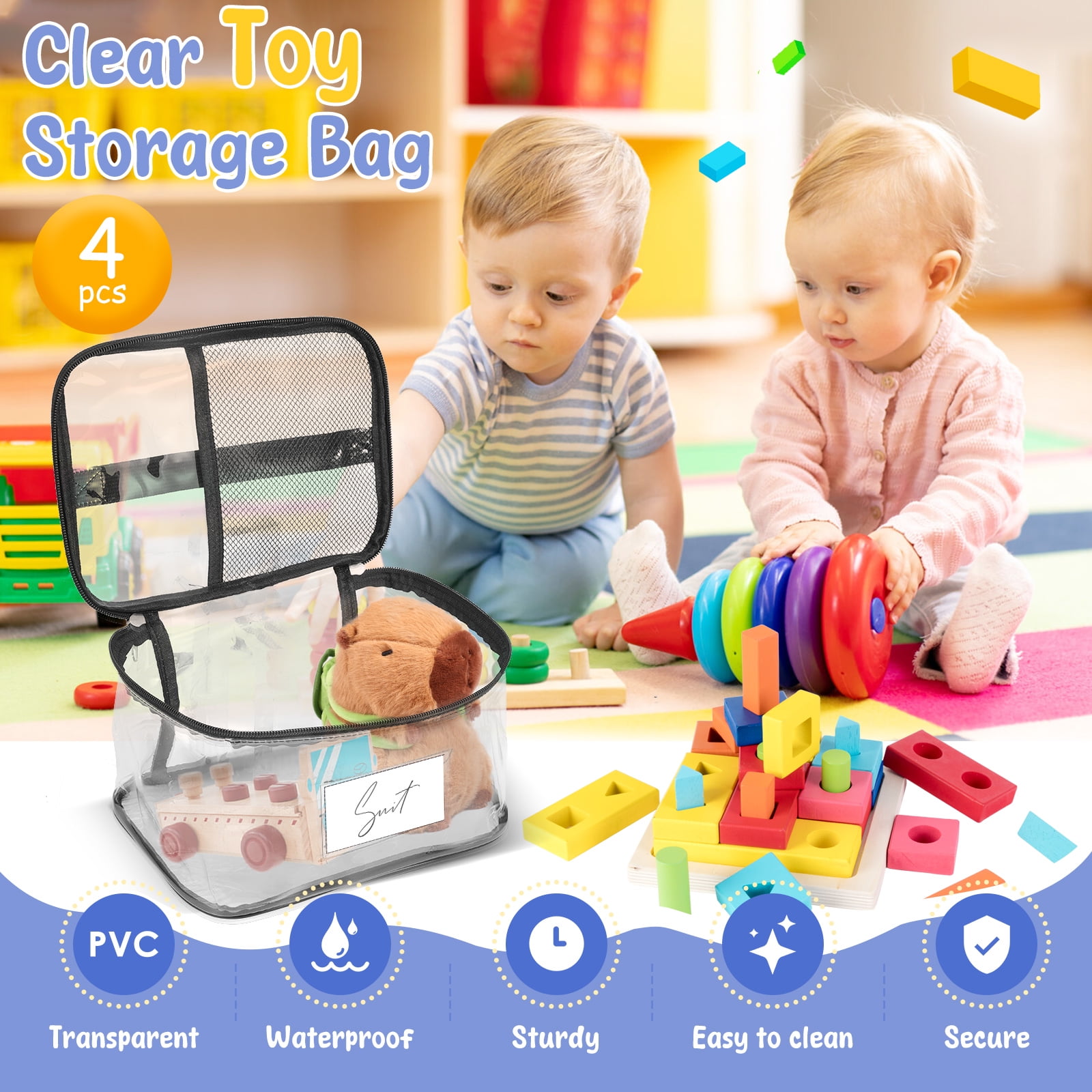 4Pcs Clear Toy Storage Bag with Name Tag& Manual Pocket, Waterproof Transparent PVC Toy Organizer Case for Lego Bricks, Board Games, Building Blocks, Puzzles (Large Capacity, Black)