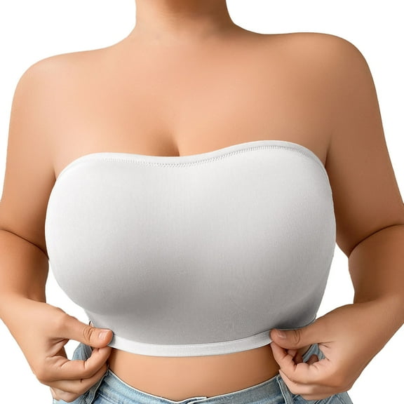 khonts,Women's Strapless Padded Bandeau Bra Full Coverage Comfy Tube Tops Invisible Straps Criss Cross Back Bralettes White XL