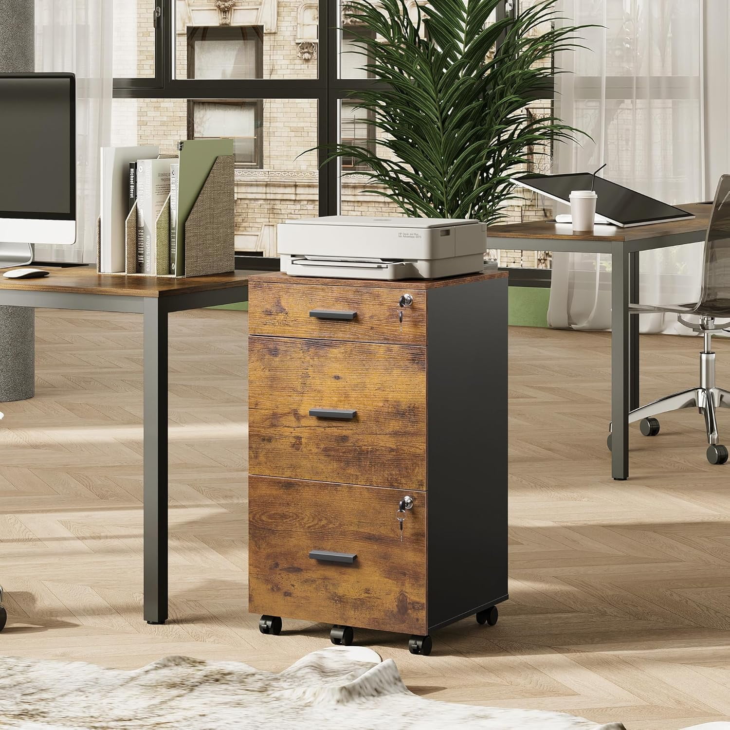 3 Drawer Rolling File Cabinet with Lock, Wood Filing Cabinet fits Letter / A4 Size for Home Office, Rustic Brown