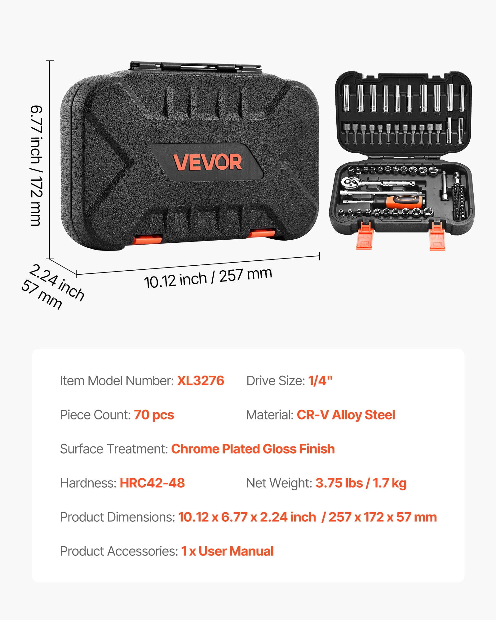 VEVOR Socket Set, 70 Pieces, 1/4 inch Drive Socket and Ratchet Set, SAE and Metric, Deep and Shallow, Mechanic Tool Kit with Bits, Accessories and Storage Case, CR-V Alloy Steel,for Automotive Repair