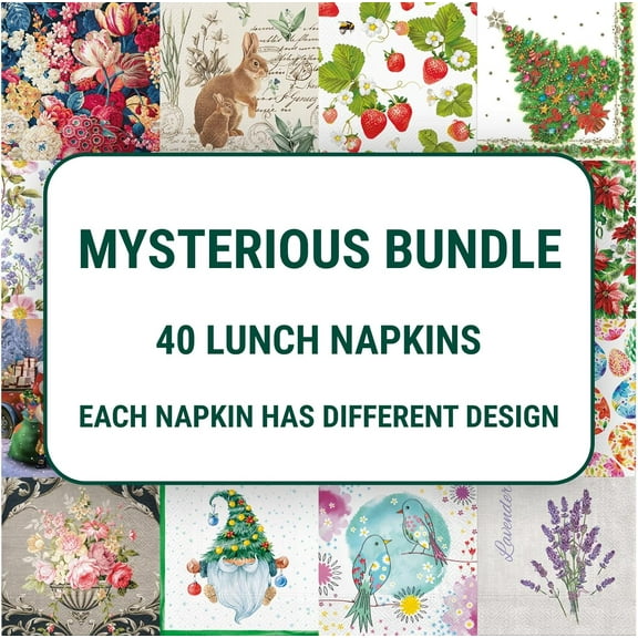 European Excellency, Assorted Napkins for Decoupage, Decoupage Napkins Variety Packs for Craft, Scrapbooking, and Junk Journals - 40 Various 3-Ply Lunch Napkins - 13" x 13" (MYSTERIOUS MEGA BUNDLE)