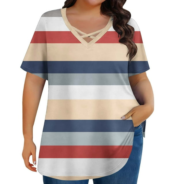 Blouse à Rayures Grande Taille Col en V Croisé devant - Manches Courtes Coupe Ample Décontractée Habillée Surdimensionnée, Kaki, 4x-Grand