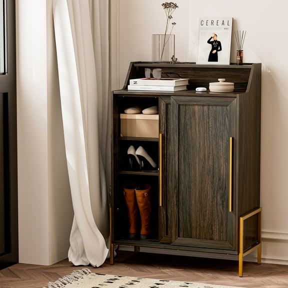 BELLEZE Shoe Rack for Entryway, Free Standing Storage Cabinet w/Sliding Door for Living Room and Bathroom - Dana(Brown)