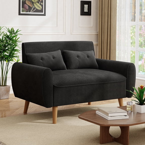 Walsunny 49" Loveseat Sofa Couch, 2-Seat Fabric Upholstered Sofa with 2 Removable Pillows, Modern Loveseat Couch, Wood Leg, Black