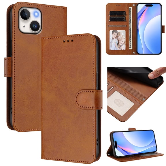 Wallet Case For iPhone 14 [RFID Blocking Protection] Premium PU Leather Folio Magnetic Clasp Card Holder/Cash Slot Flip Kickstand Shockproof Phone Cover with Wrist Strap,Brown