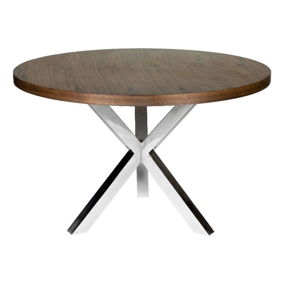 Emi 47 Inch Round Dining Table- X- Cross Brushed Steel- Walnut Brown Wood